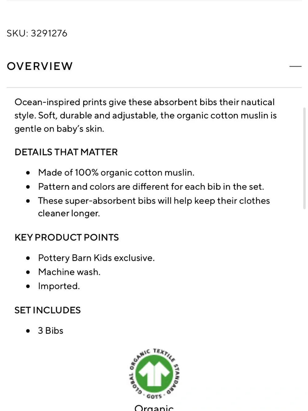 Pottery Barn Kids Organic Jack Muslin Drool Bib Set of 3